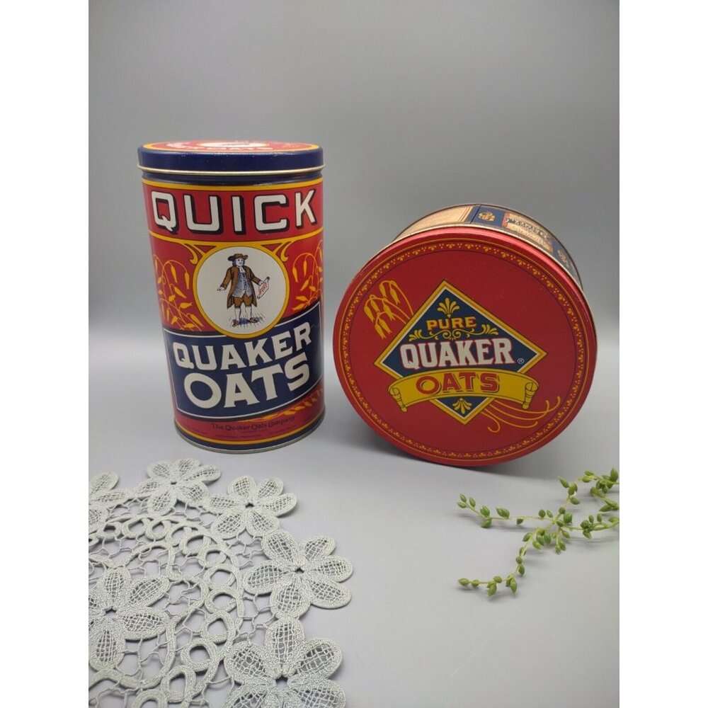 Vintage 1980s 90s Lot of 2 Quaker Oats Metal Tin Cans, 1983, 1990